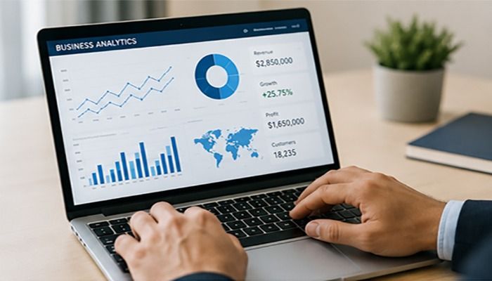 Business consultants using AI-powered analytics to develop strategic recommendations for clients in a modern office.